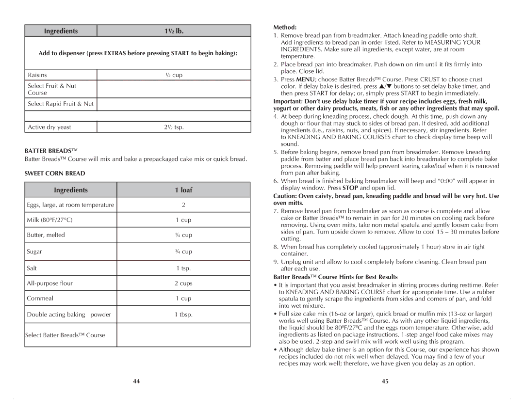Black & Decker B2500C manual Ingredients Loaf, Batter Breads, Sweet Corn Bread, Method 