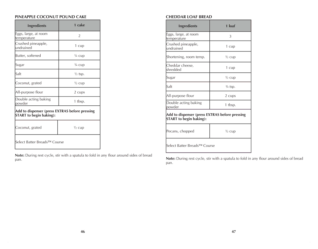 Black & Decker B2500C manual Pineapple Coconut Pound Cake, Cheddar Loaf Bread, Ingredients Cake, Ingredients Loaf 