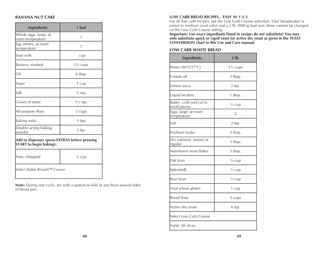 Black & Decker B2500C manual Banana NUT Cake, LOW Carb White Bread, LOW Carb Bread RECIPES... Easy AS, Ingredients 