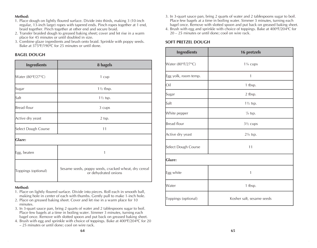 Black & Decker B2500C manual Bagel Dough, Ingredients Bagels, Soft Pretzel Dough, Ingredients Pretzels 