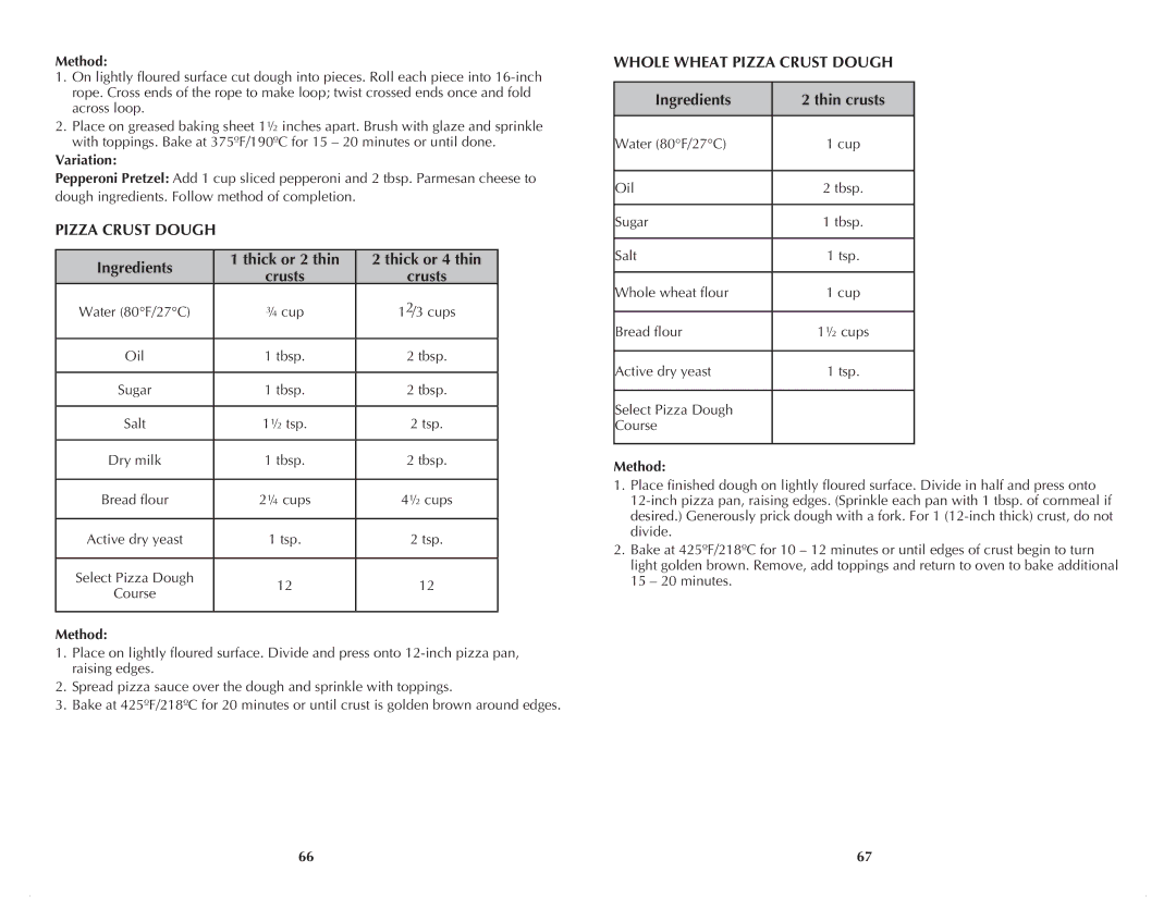 Black & Decker B2500C manual Whole Wheat Pizza Crust Dough, Ingredients Thin crusts, Variation 