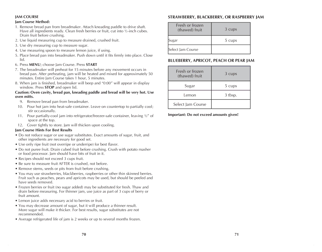 Black & Decker B2500C manual STRAWBERRY, BLACKBERRY, or Raspberry JAM, BLUEBERRY, APRICOT, Peach or Pear JAM, JAM Course 