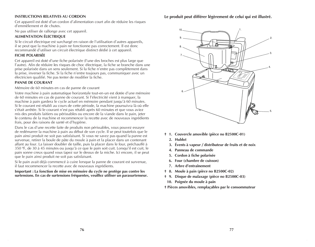 Black & Decker B2500C manual Instructions Relatives AU Cordon, Alimentation Électrique, Fiche Polarisée, Panne DE Courant 