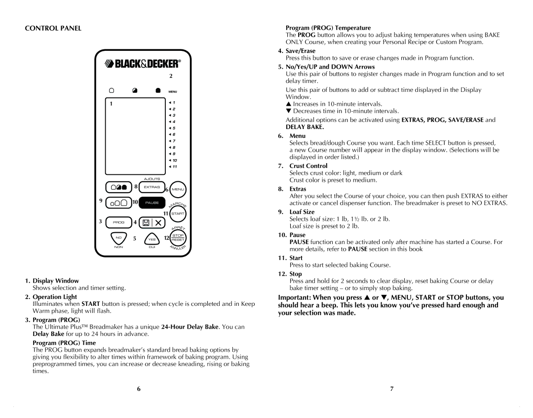 Black & Decker B2500C manual Control Panel, Delay Bake 