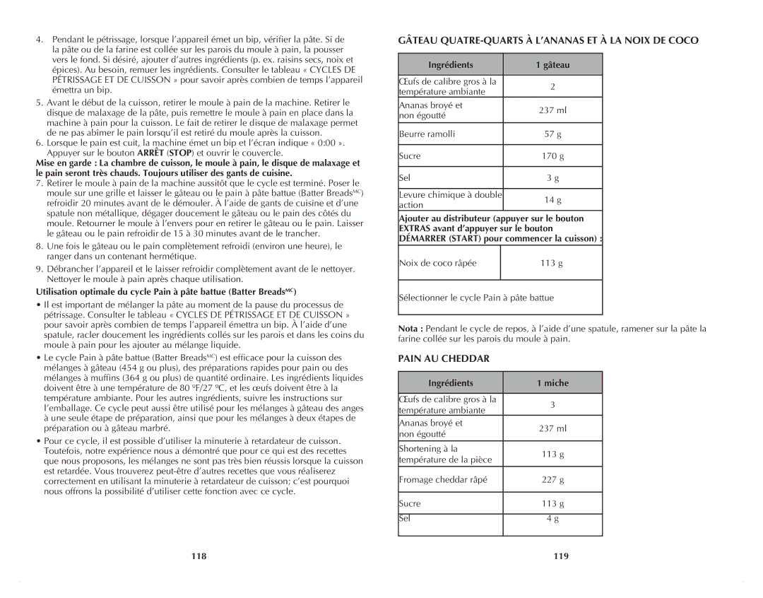 Black & Decker B2500C Gâteau QUATRE‑QUARTS À L’ANANAS ET À LA Noix DE Coco, Pain AU Cheddar, Ingrédients Gâteau, 118 119 