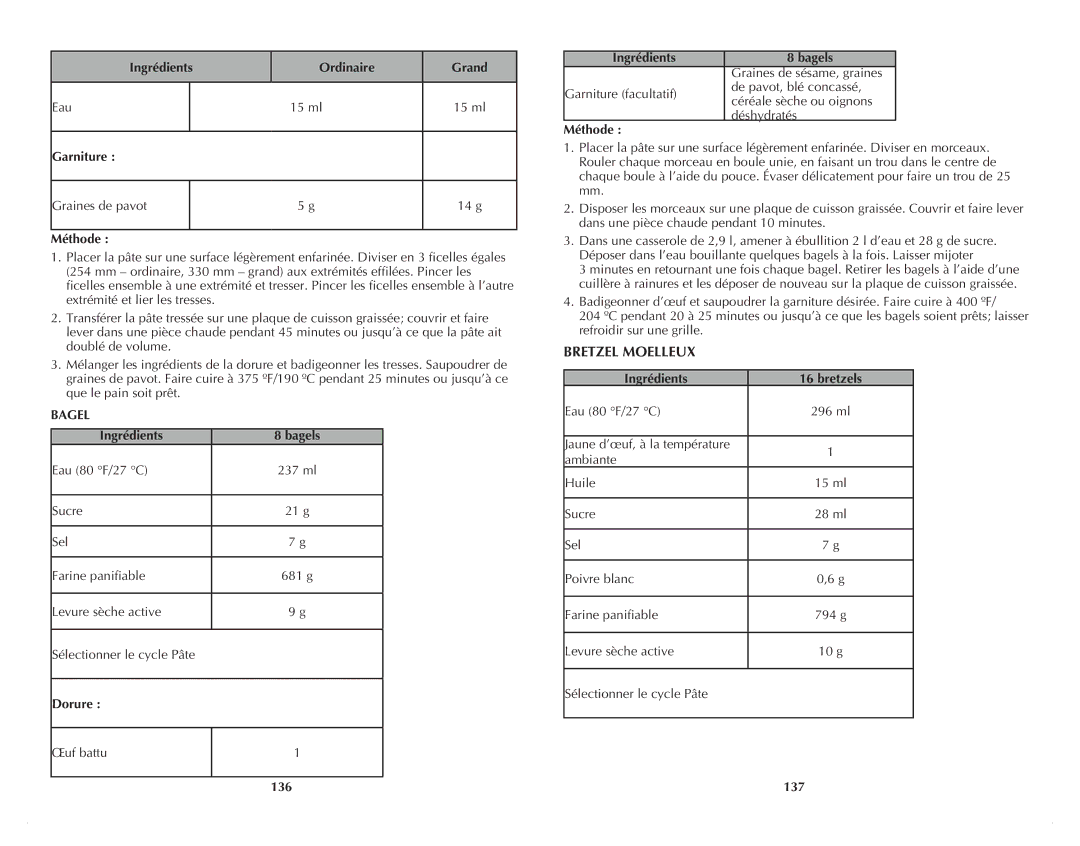 Black & Decker B2500C manual Bretzel Moelleux, 136, Ingrédients Bagels, 137 