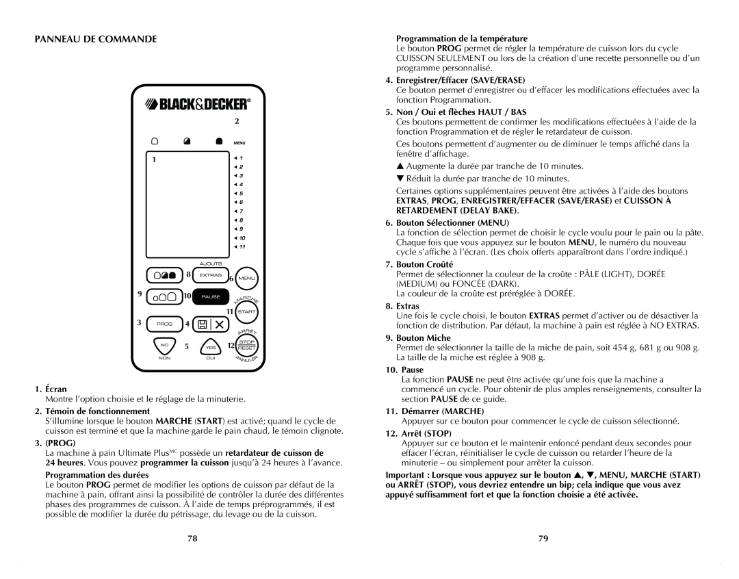 Black & Decker B2500C manual Panneau De Commande 