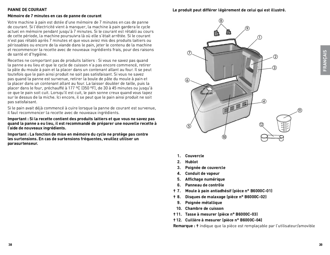 Black & Decker B6000CUC, B000NJBYX0 manual Panne DE Courant, Mémoire de 7 minutes en cas de panne de courant 