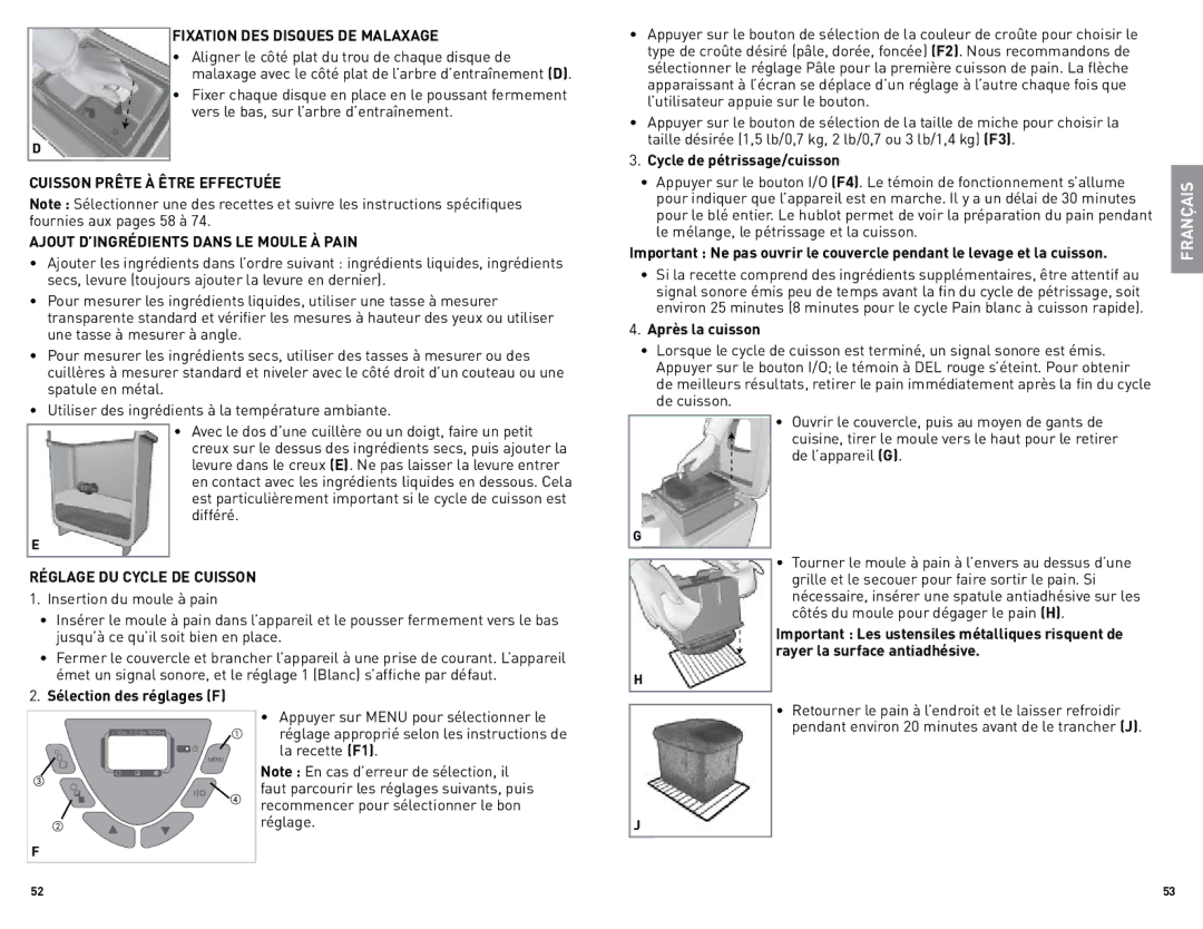 Black & Decker B6000CUC, B000NJBYX0 manual Fixation DES Disques DE Malaxage, Réglage DU Cycle DE Cuisson 