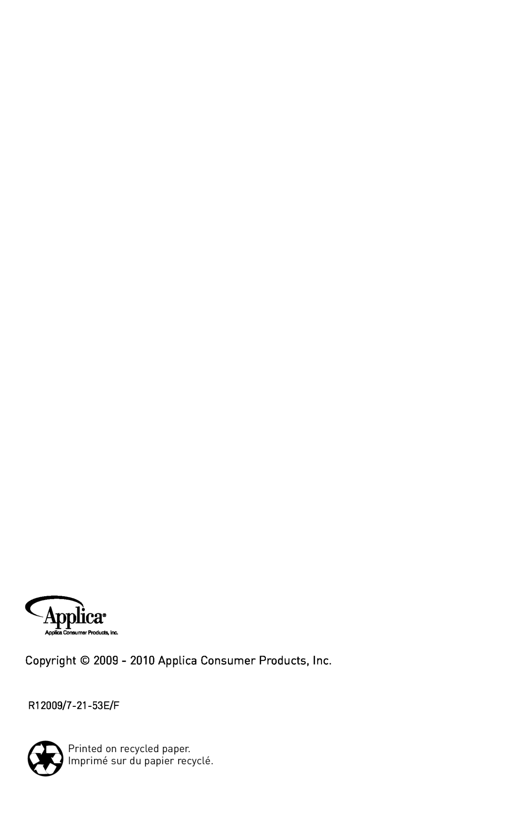 Black & Decker B000NJBYX0, B6000CUC manual Copyright 2009 - 2010 Applica Consumer Products, Inc, R12009/7-21-53E/F 
