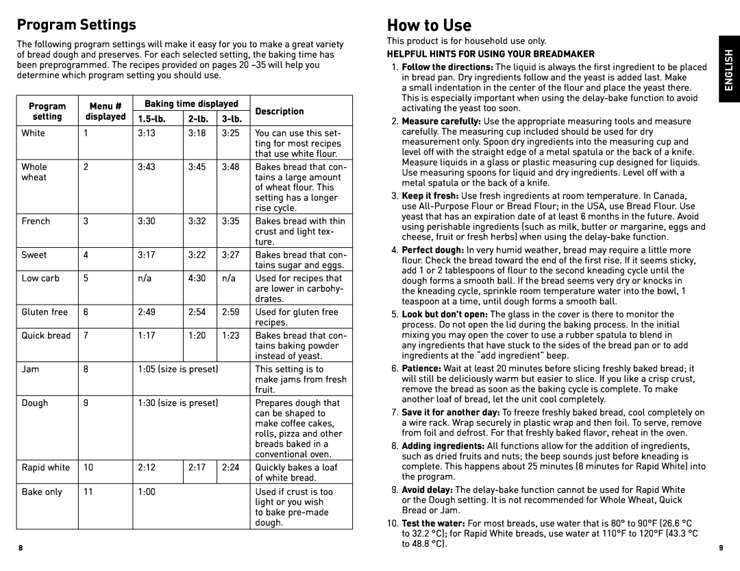 Black & Decker B6000CUC, B000NJBYX0 manual How to Use, Program Settings, English 