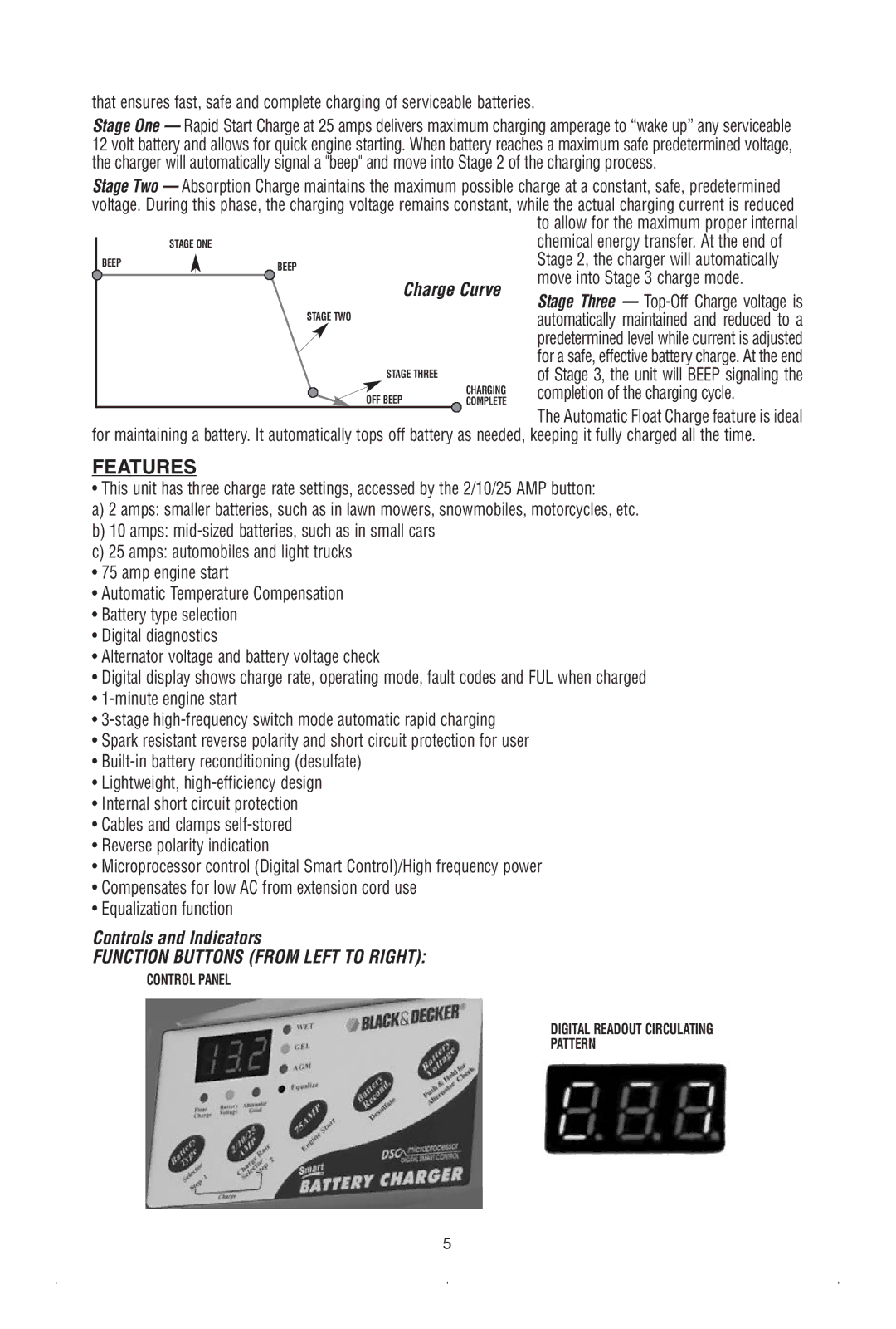 Black & Decker BC25EB instruction manual Features, Automatic Float Charge feature is ideal, Controls and Indicators 