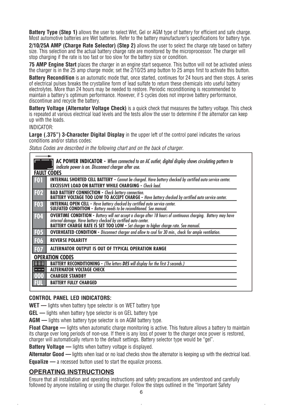 Black & Decker BC25EB instruction manual Operating Instructions, Battery Voltage lights when battery voltage is displayed 