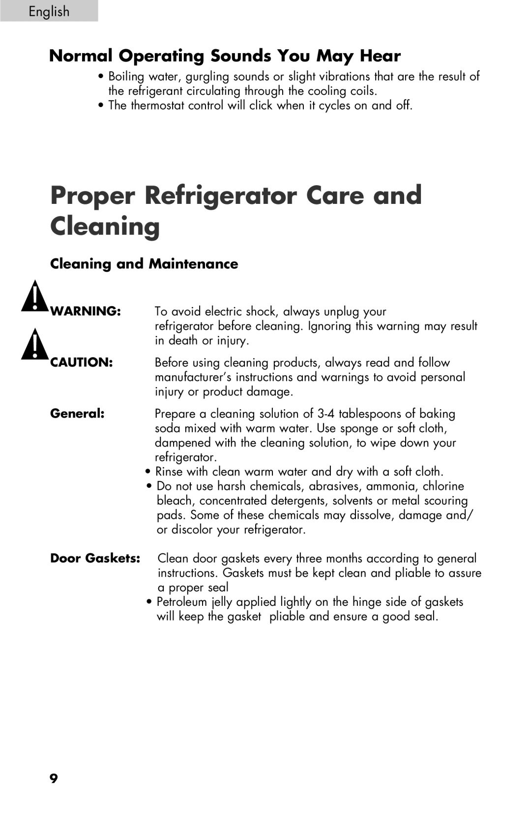 Black & Decker BCE27 Proper Refrigerator Care and Cleaning, Normal Operating Sounds You May Hear, Cleaning and Maintenance 