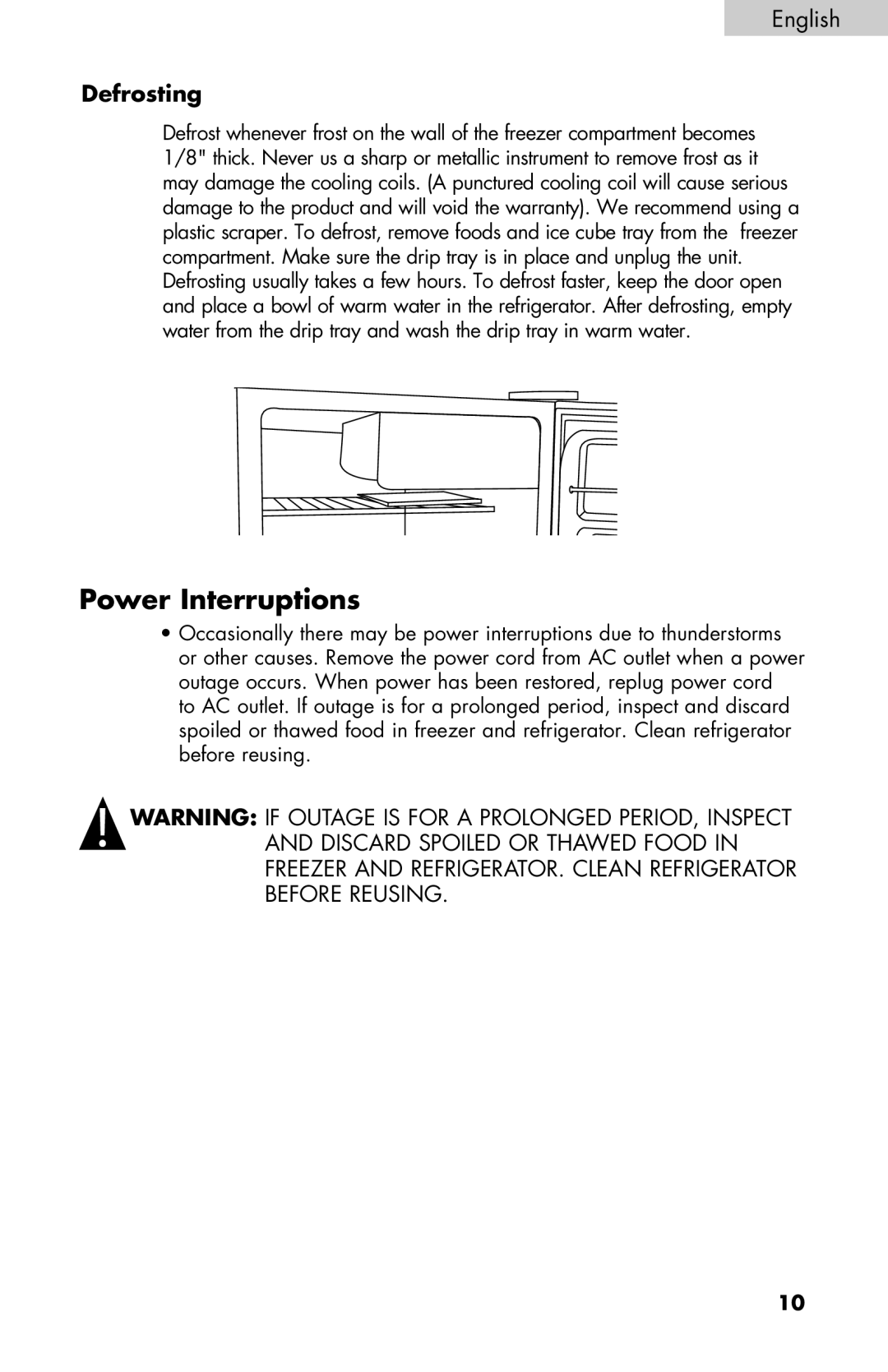 Black & Decker BCE27 manual Power Interruptions, Defrosting 