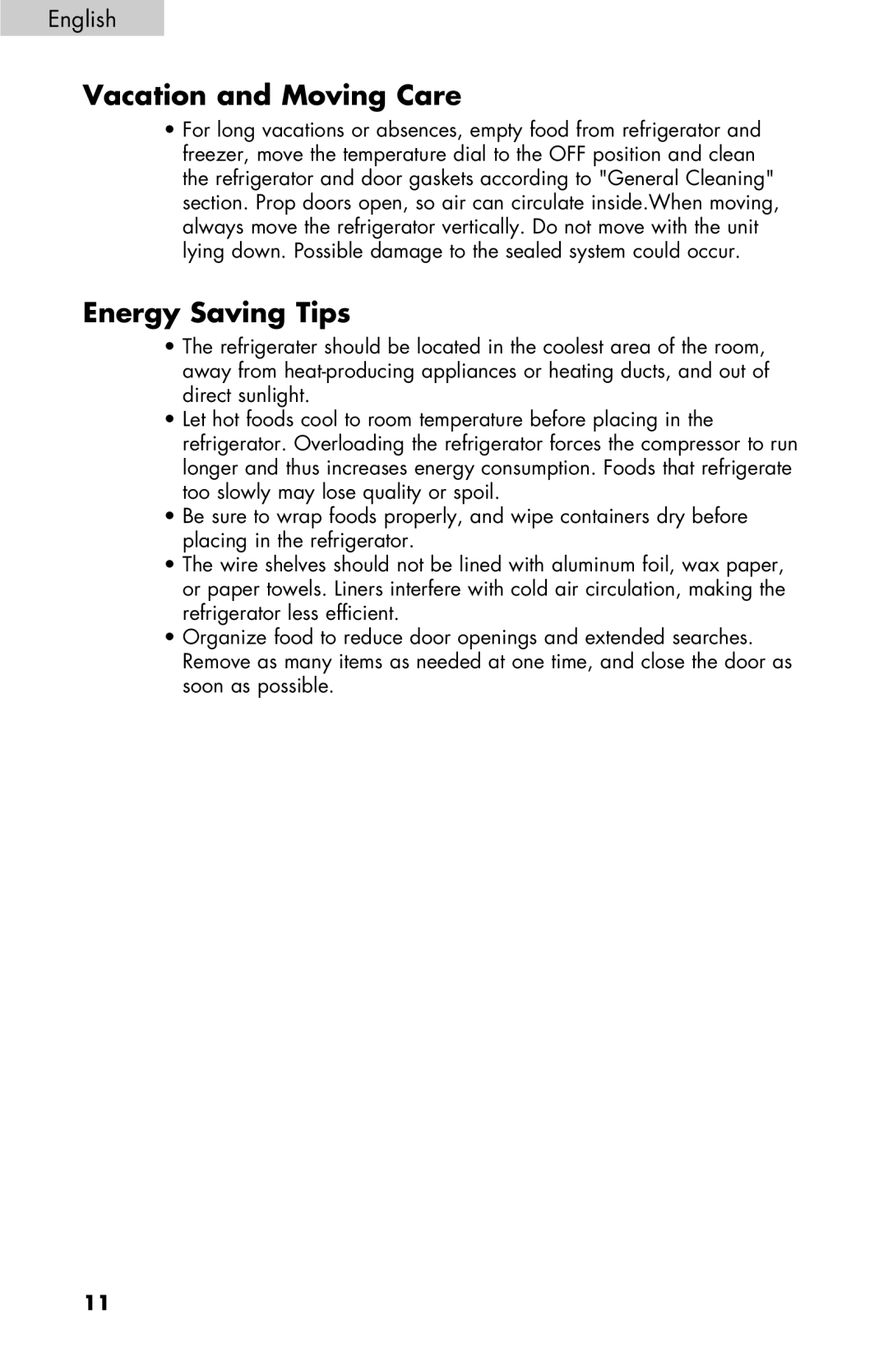 Black & Decker BCE27 manual Vacation and Moving Care, Energy Saving Tips 