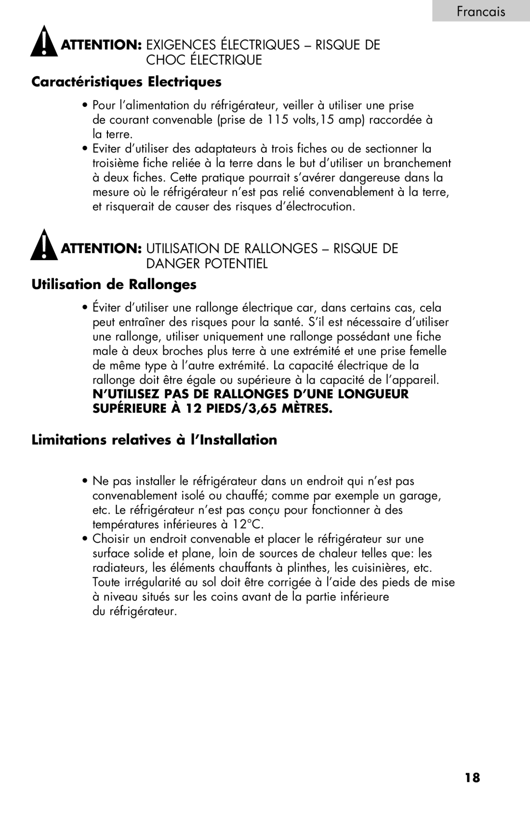 Black & Decker BCE27 manual Caractéristiques Electriques, Utilisation de Rallonges, Limitations relatives à l’Installation 