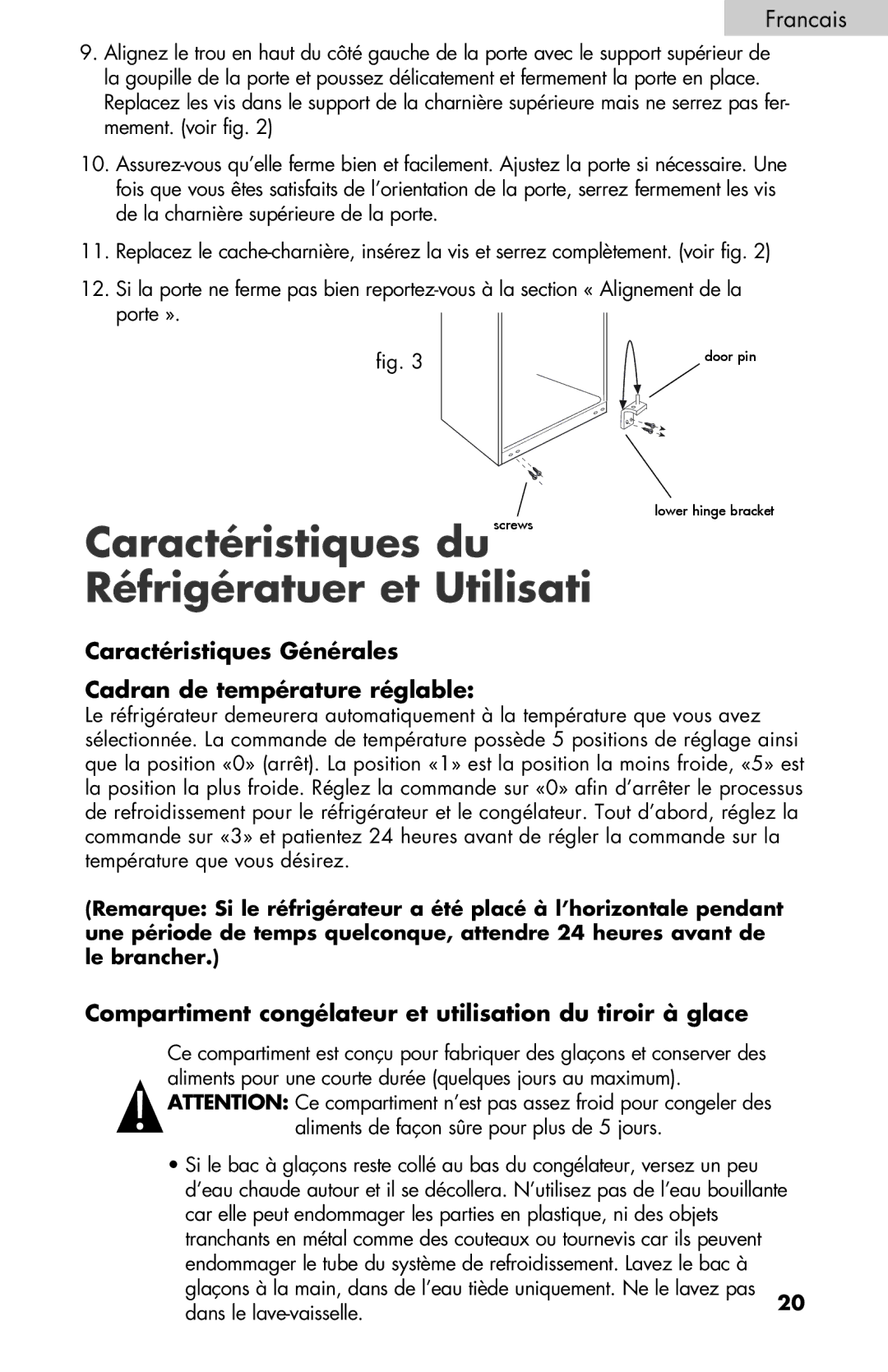 Black & Decker BCE27 manual Caractéristiques duscrews, Réfrigératuer et Utilisati 