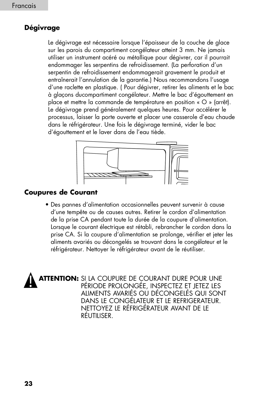 Black & Decker BCE27 manual Dégivrage, Coupures de Courant 