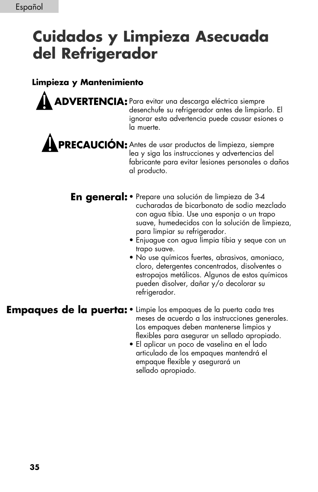 Black & Decker BCE27 manual Cuidados y Limpieza Asecuada del Refrigerador, Limpieza y Mantenimiento 