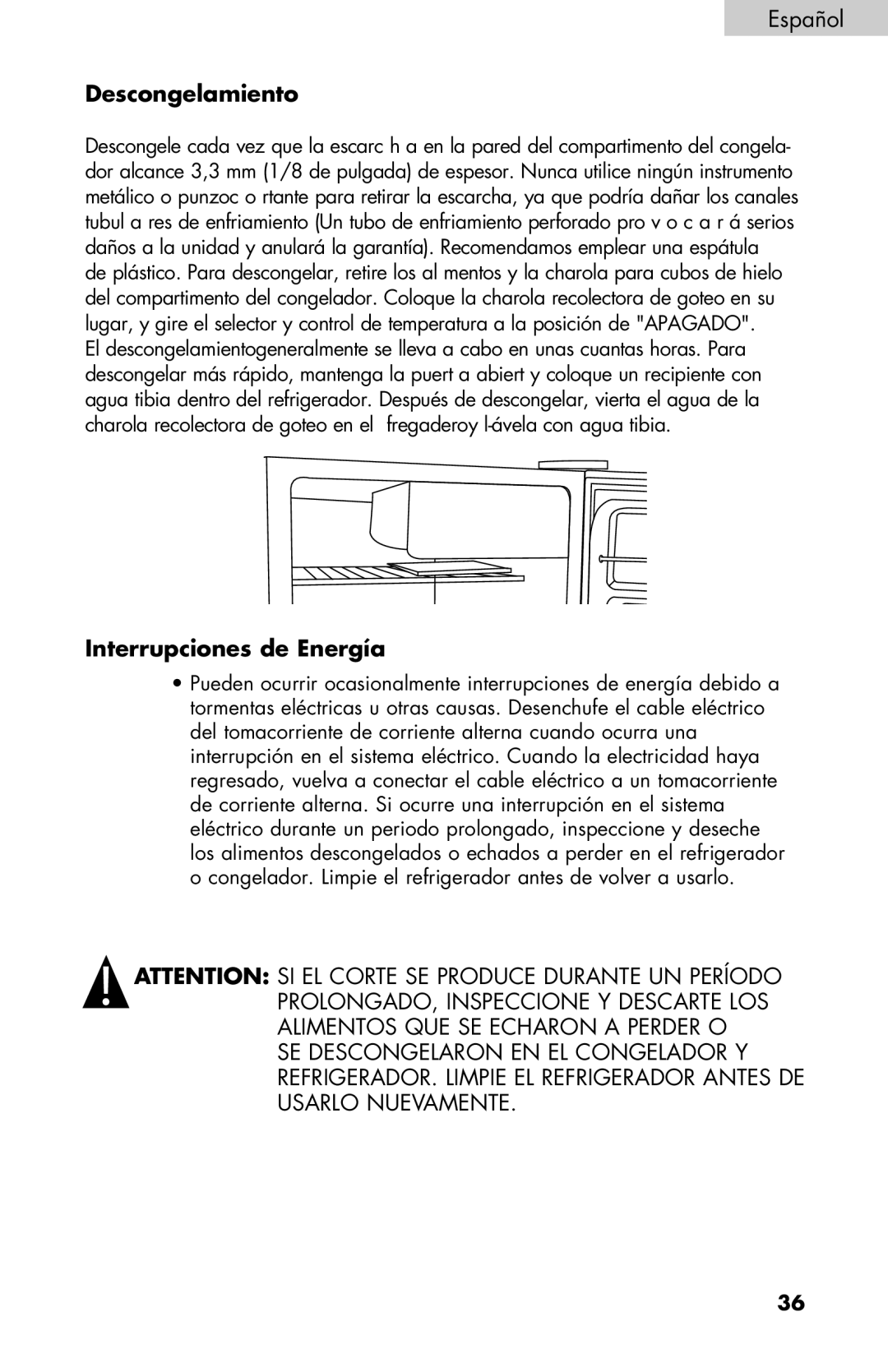 Black & Decker BCE27 manual Descongelamiento, Interrupciones de Energía 