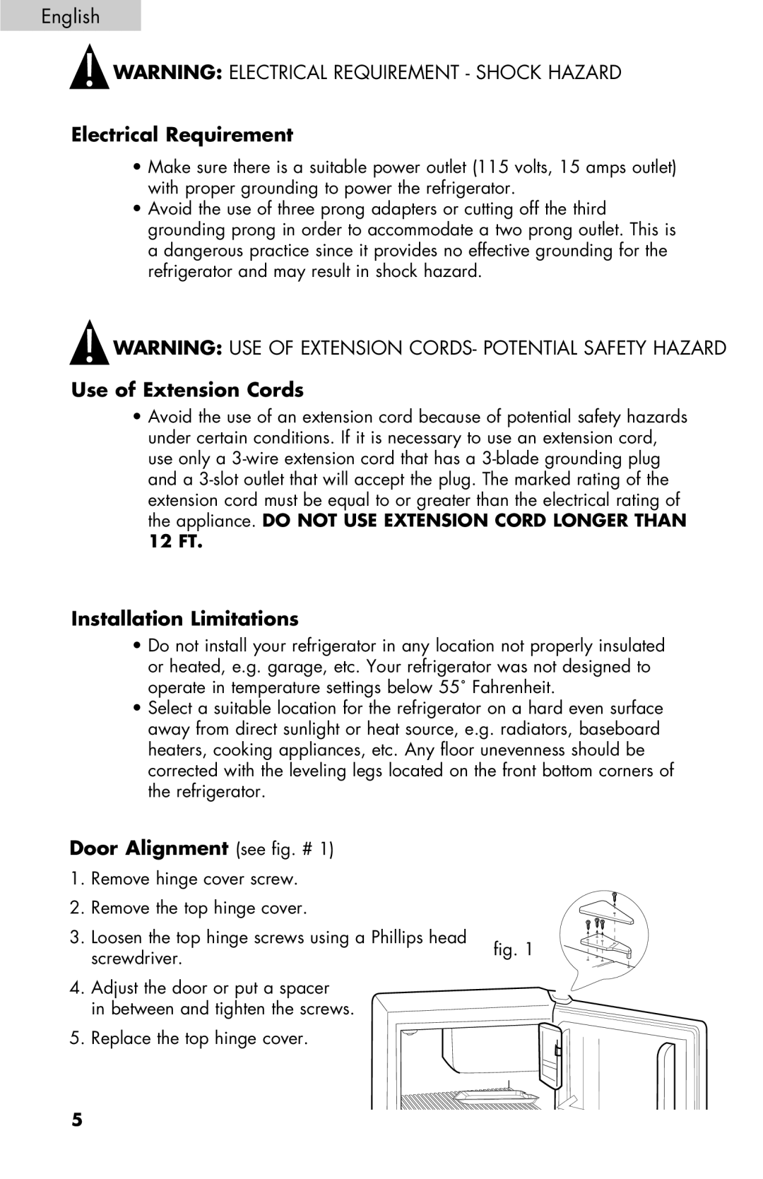 Black & Decker BCE27 Electrical Requirement, Use of Extension Cords, Installation Limitations, Door Alignment see fig. # 