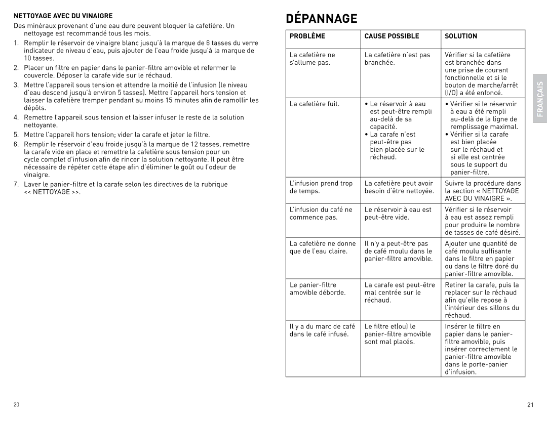 Black & Decker BCM1410BCUC manual Nettoyage Avec DU Vinaigre, Problème Cause Possible Solution, Avec DU Vinaigre » 