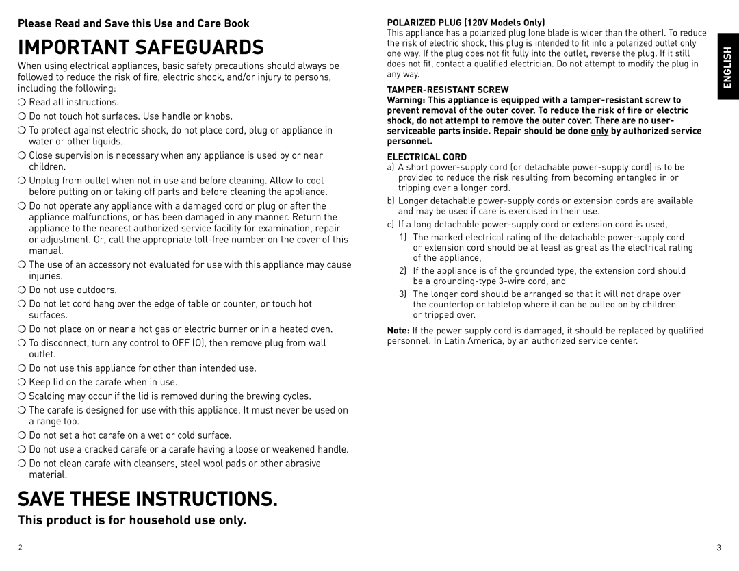 Black & Decker BCM1410BCUC manual Important Safeguards, TAMPER-RESISTANT Screw Electrical Cord 