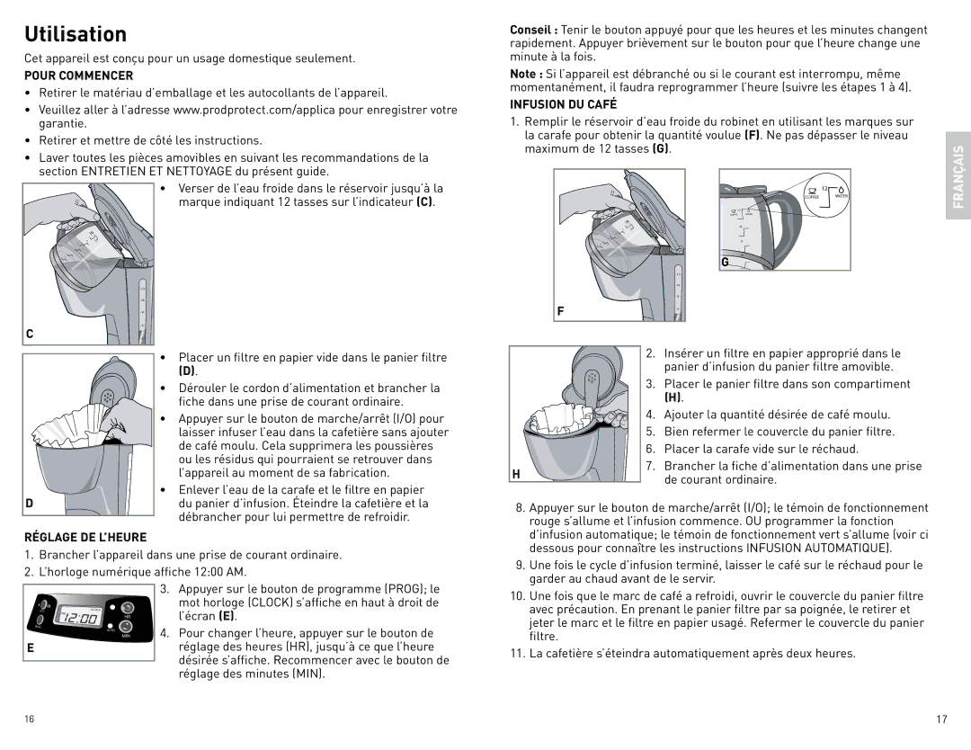 Black & Decker BCM1410BCUC manual Utilisation, Pour Commencer, Infusion DU Café, Réglage DE L’HEURE 