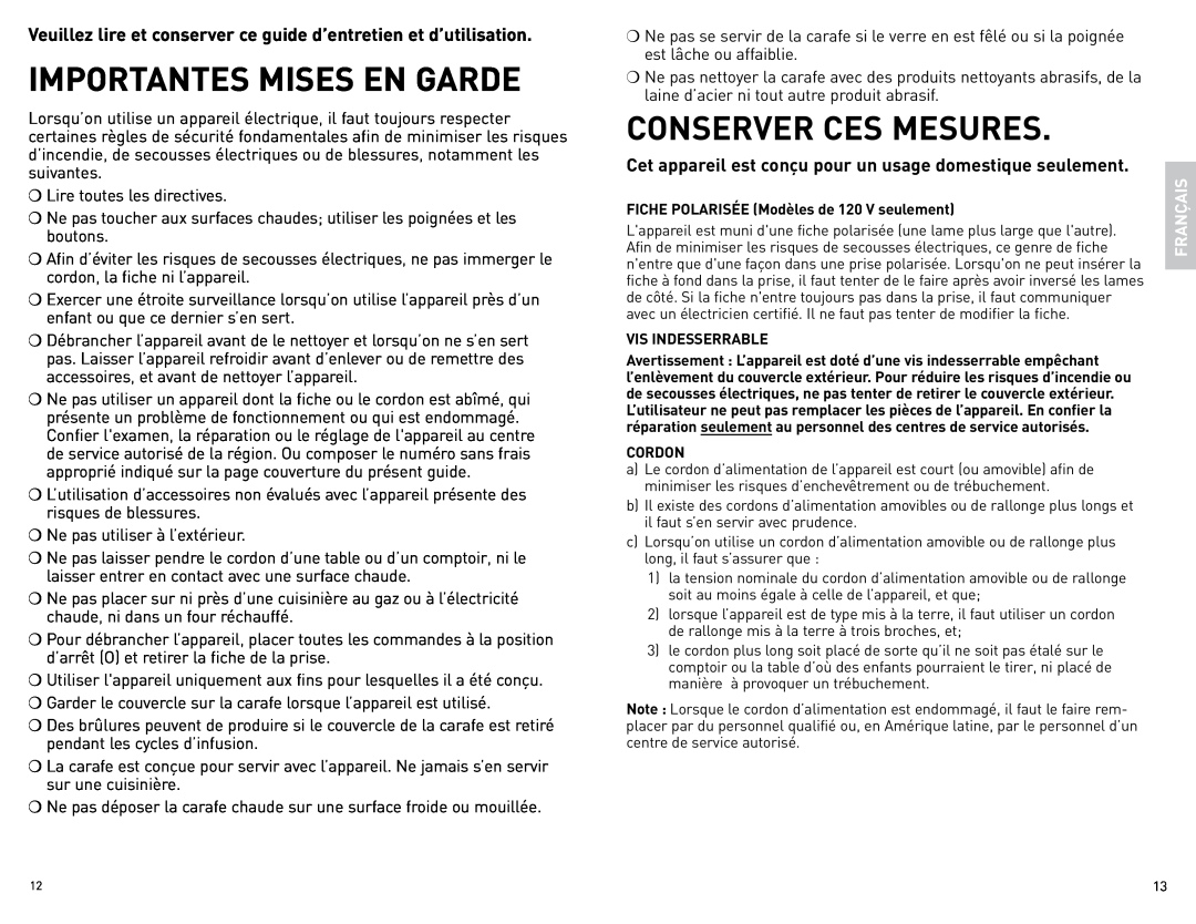 Black & Decker BCM1410BCUC manual Importantes Mises En Garde, Conserver Ces Mesures 