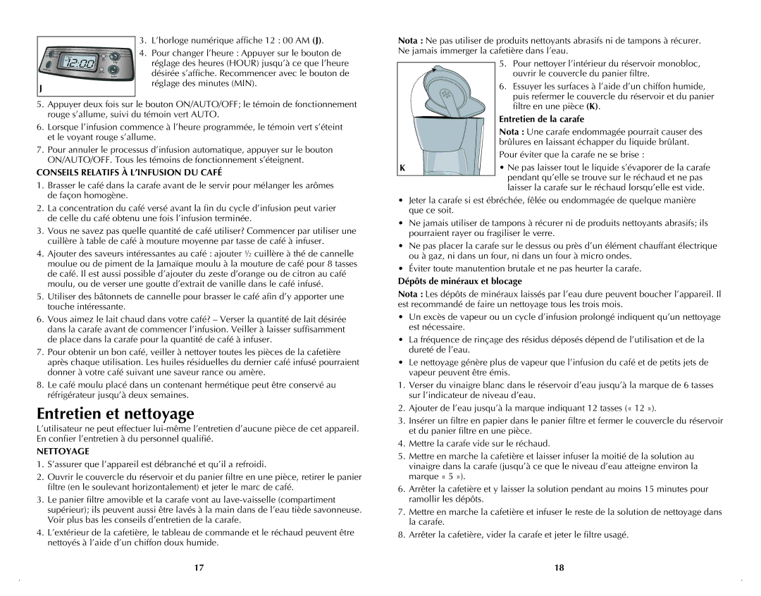 Black & Decker BCM1410BDC manual Entretien et nettoyage, Conseils Relatifs À L’INFUSION DU Café, Nettoyage 