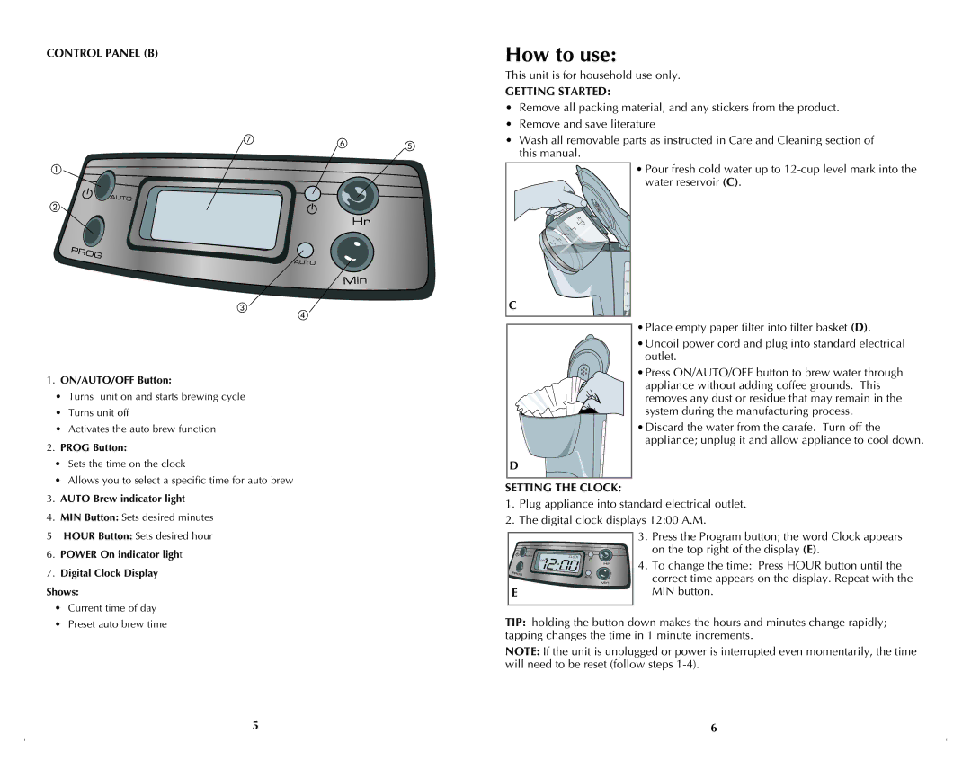 Black & Decker BCM1410BDC manual How to use, Control Panel B, Getting Started, Setting the Clock 