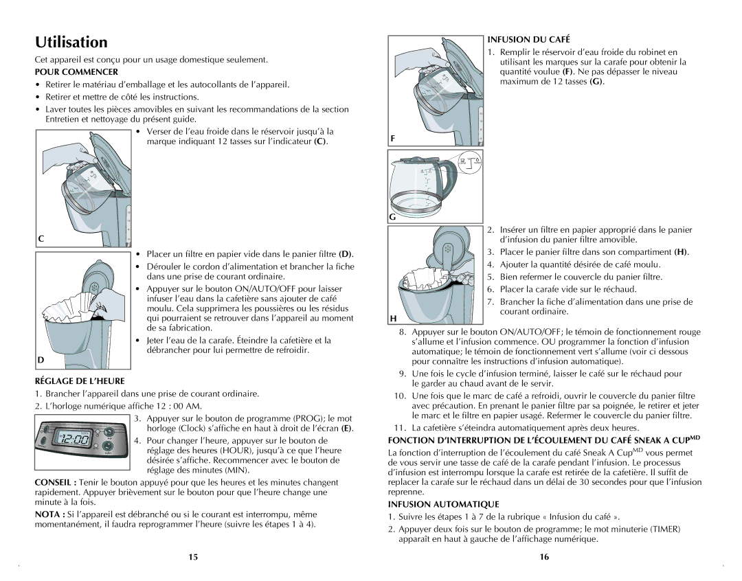 Black & Decker BCM1410BDC manual Utilisation, Pour Commencer, Infusion DU Café, Réglage DE L’HEURE, Infusion Automatique 