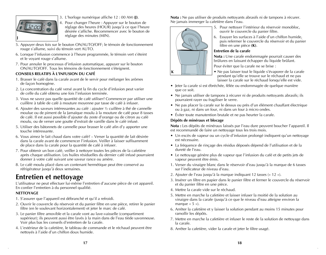Black & Decker BCM1410BDC manual Entretien et nettoyage, Conseils Relatifs À L’Infusion Du Café, Nettoyage 