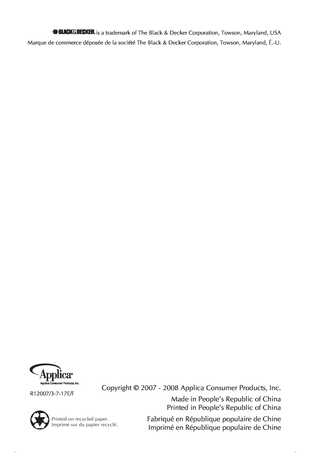 Black & Decker BCM1410BDC manual Copyright 2007 - 2008 Applica Consumer Products, Inc 