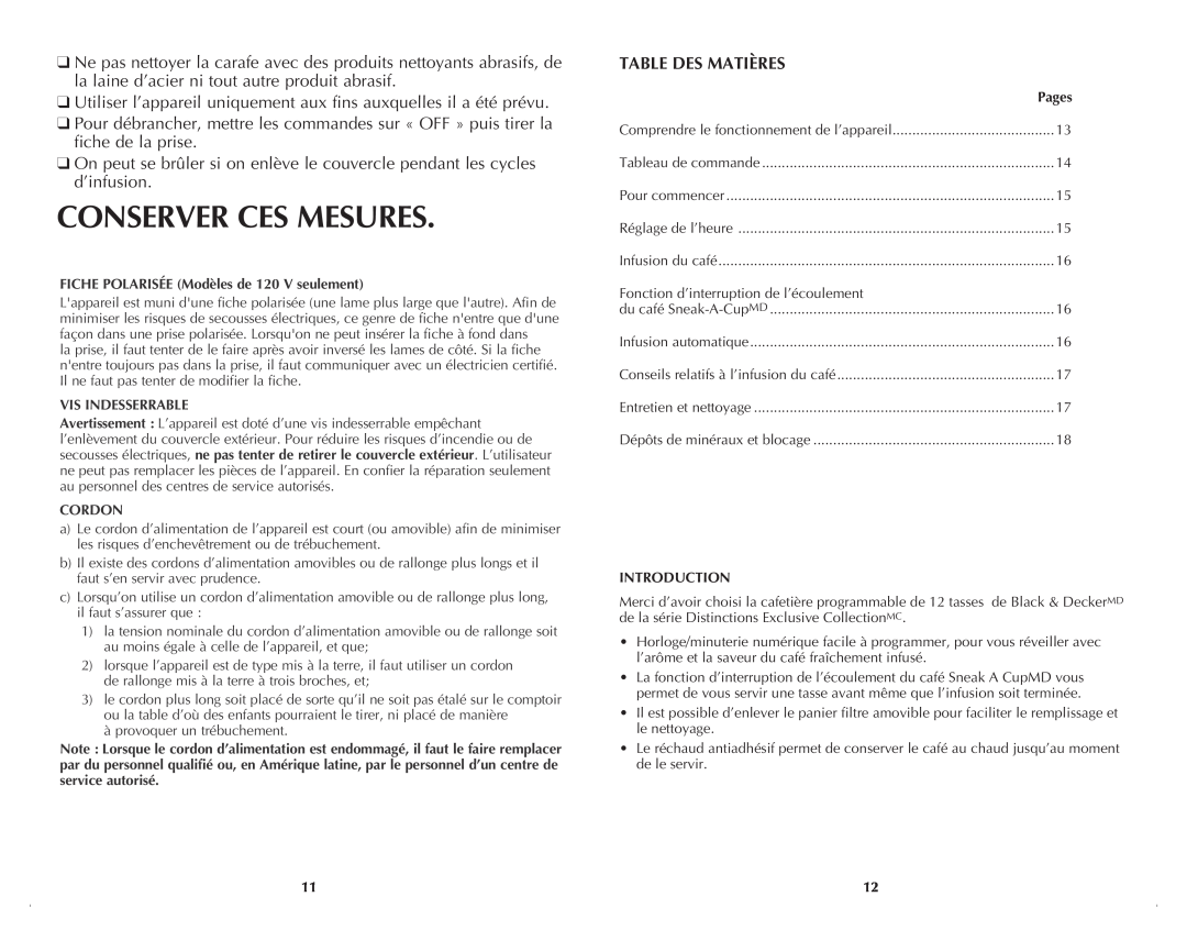 Black & Decker BCM1410BDC manual Conserver Ces Mesures, Table Des Matières 