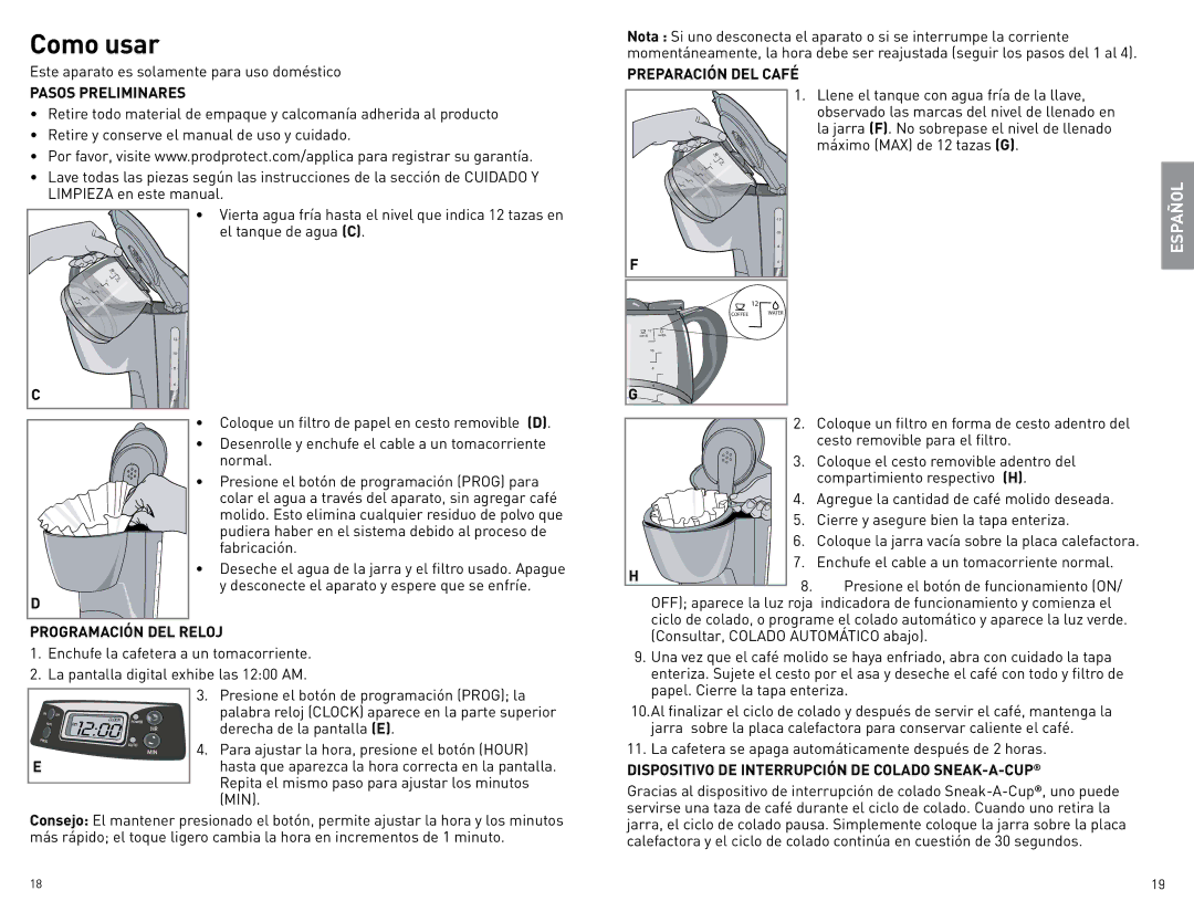 Black & Decker BCM40B manual Como usar, Preparación DEL Café Pasos Preliminares, Programación DEL Reloj 