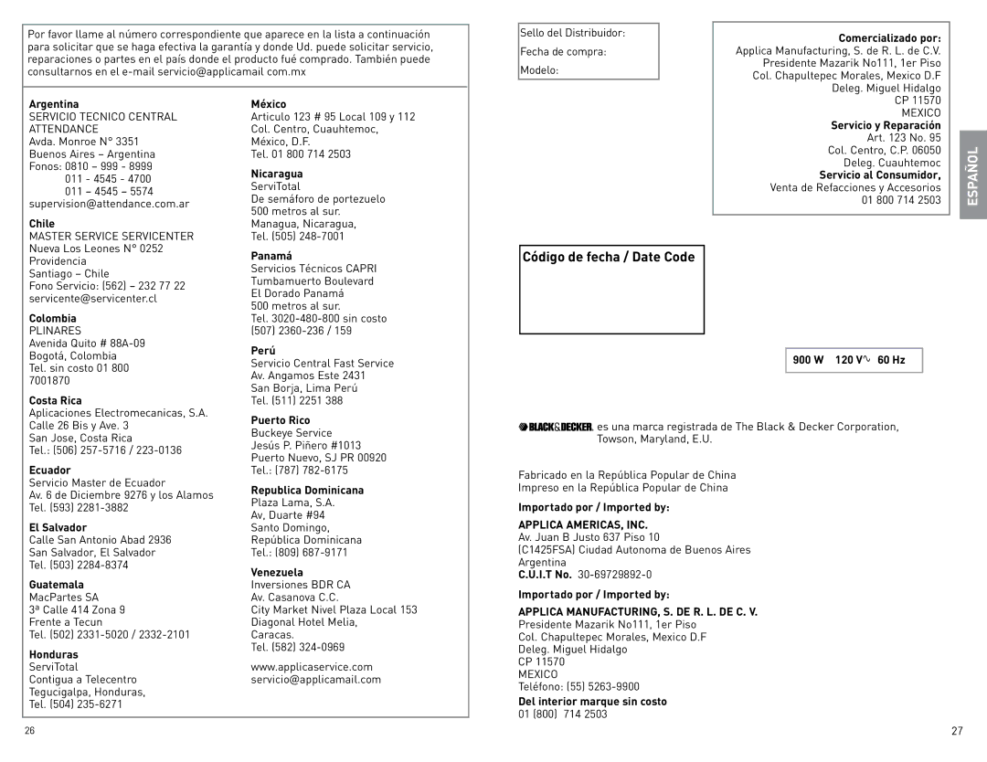 Black & Decker BCM40B manual Servicio Tecnico Central Attendance, Plinares, Applica MANUFACTURING, S. DE R. L. DE C, Mexico 