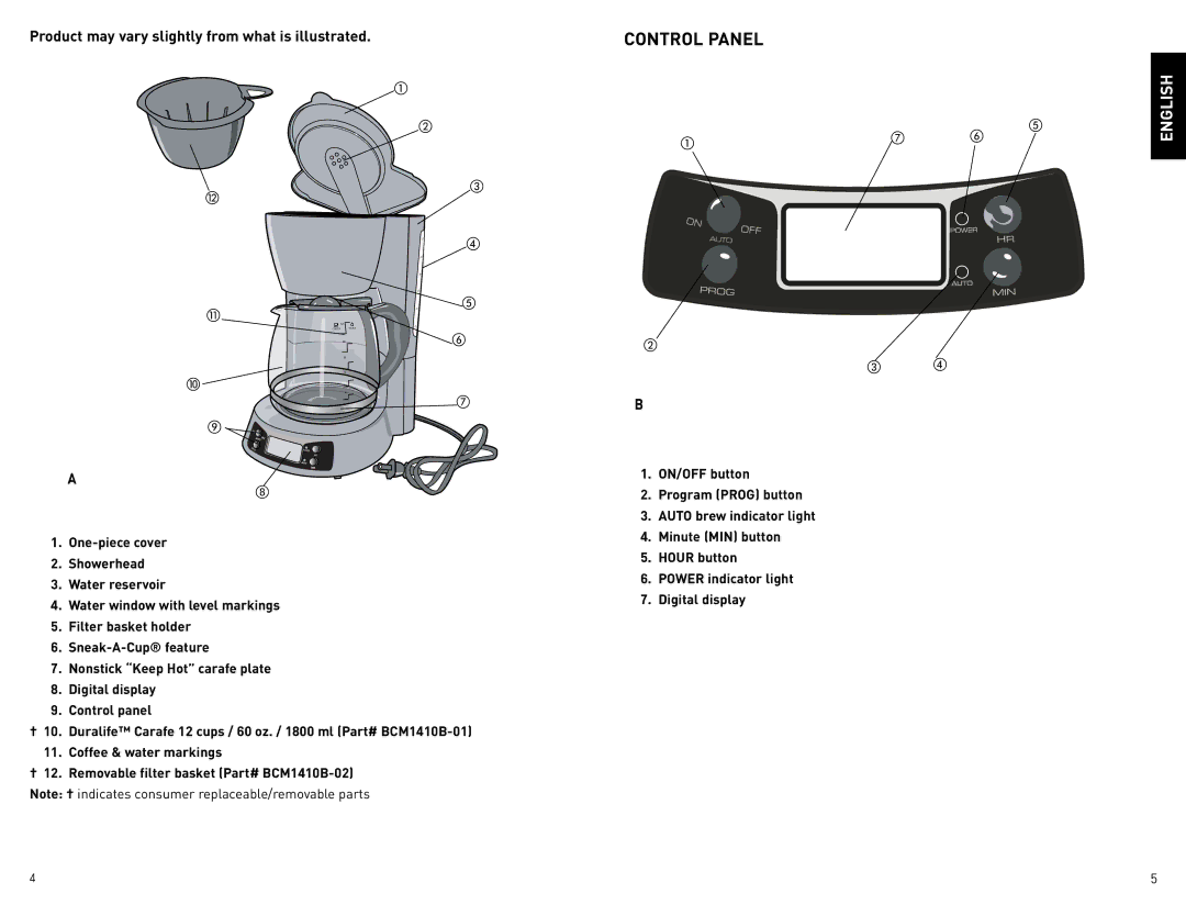 Black & Decker BCM40B manual Control Panel, Product may vary slightly from what is illustrated 