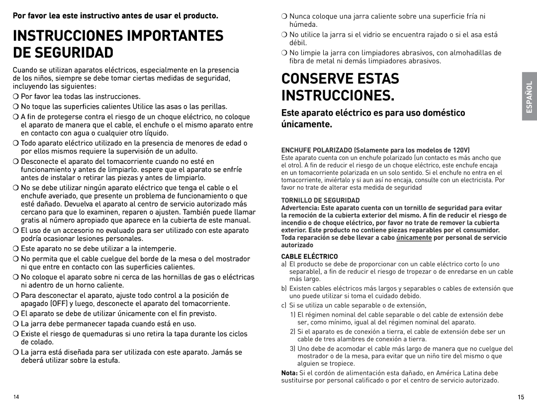 Black & Decker BCM40B manual Conserve Estas Instrucciones, Este aparato eléctrico es para uso doméstico únicamente, Español 