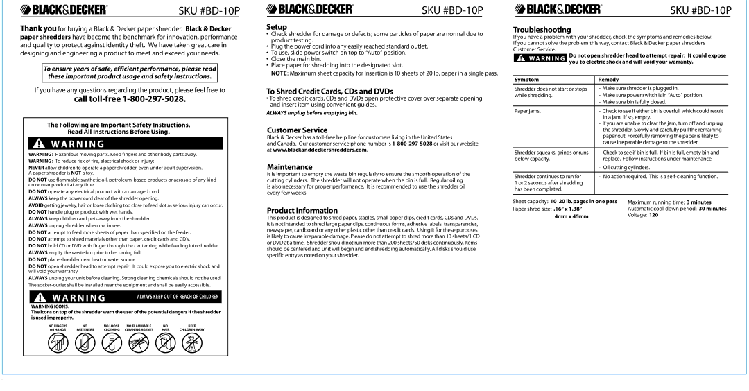 Black & Decker BD-10P Setup, To Shred Credit Cards, CDs and DVDs, Customer Service, Maintenance, Product Information 