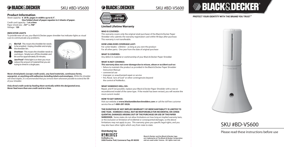 Black & Decker BD-VS600 warranty Product Information 