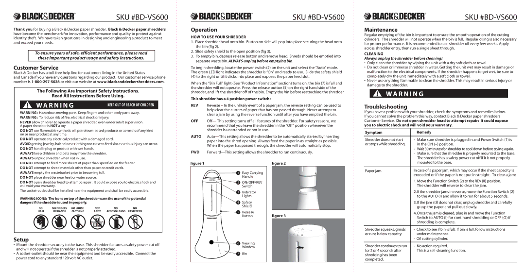 Black & Decker BD-VS600 warranty Customer Service, Setup, Operation, Maintenance, Troubleshooting 