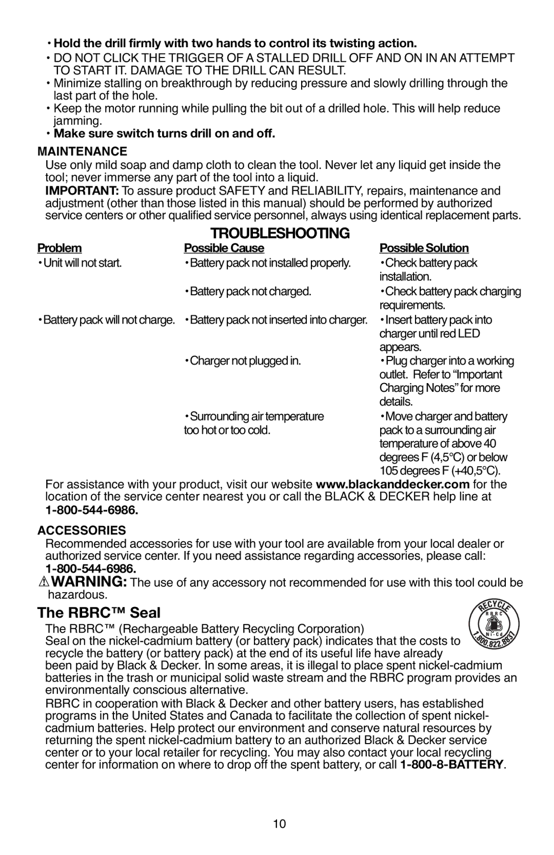 Black & Decker BD12PS instruction manual Troubleshooting, Rbrc Seal, Maintenance, Accessories 