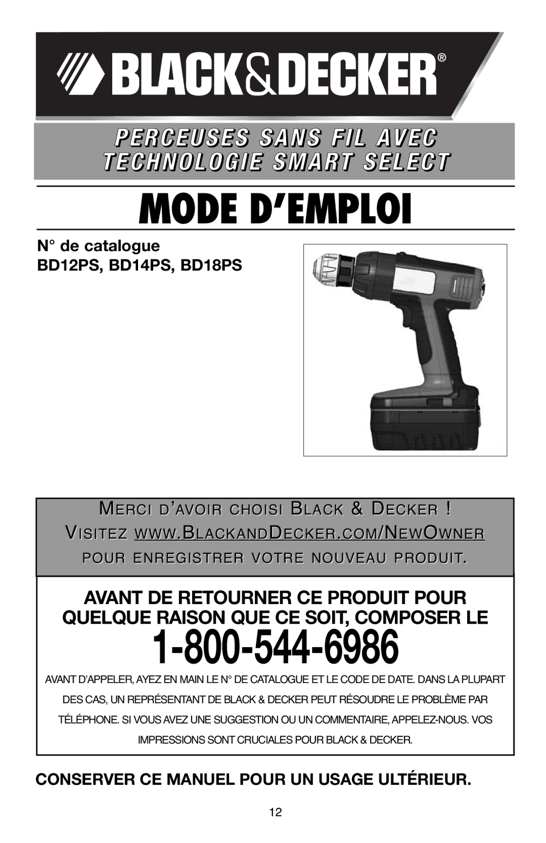 Black & Decker BD12PS instruction manual Mode D’EMPLOI 