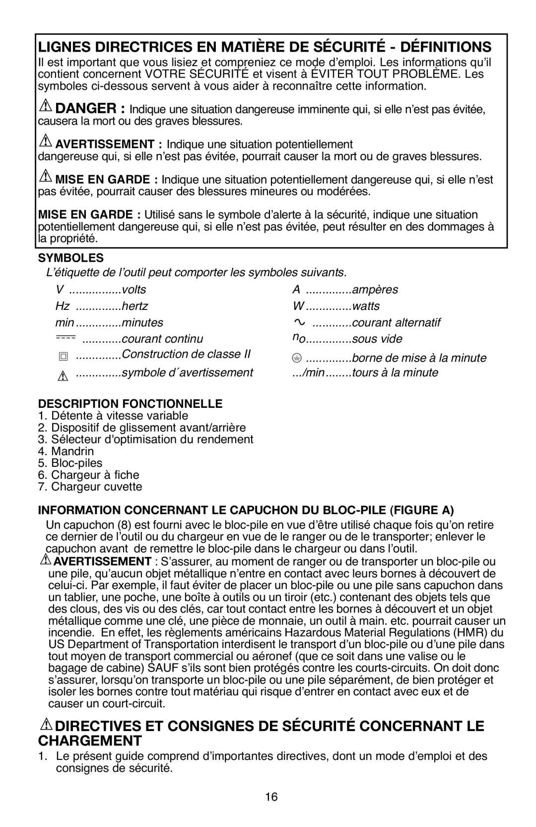 Black & Decker BD12PS Lignes Directrices EN Matière DE Sécurité Définitions, Symboles, Description Fonctionnelle 