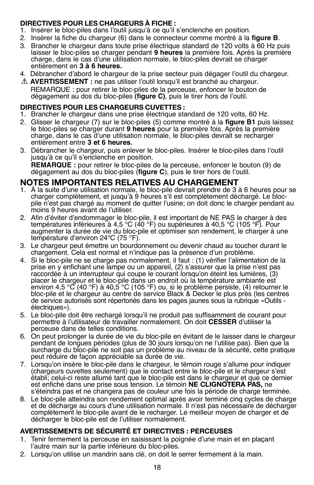 Black & Decker BD12PS instruction manual Directives Pour LES Chargeurs À Fiche, Directives Pour LES Chargeurs Cuvettes 