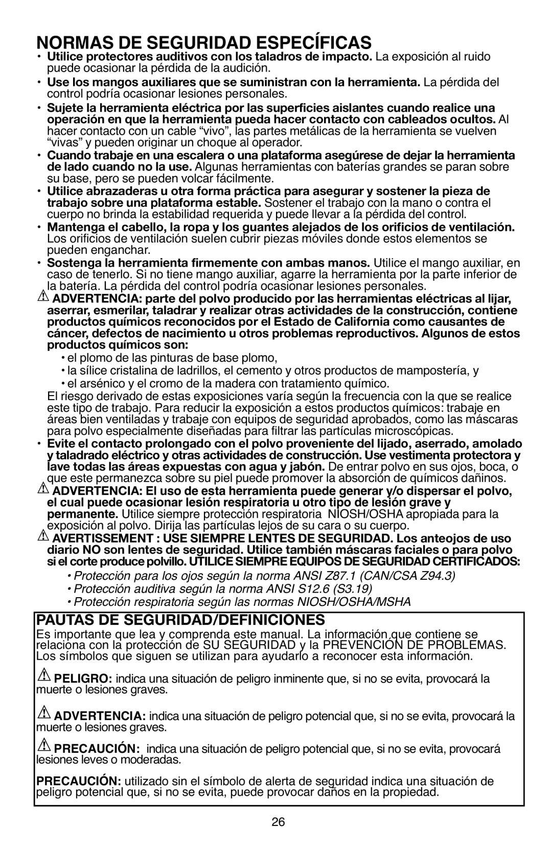 Black & Decker BD12PS instruction manual Normas DE Seguridad Específicas, Pautas DE SEGURIDAD/DEFINICIONES 