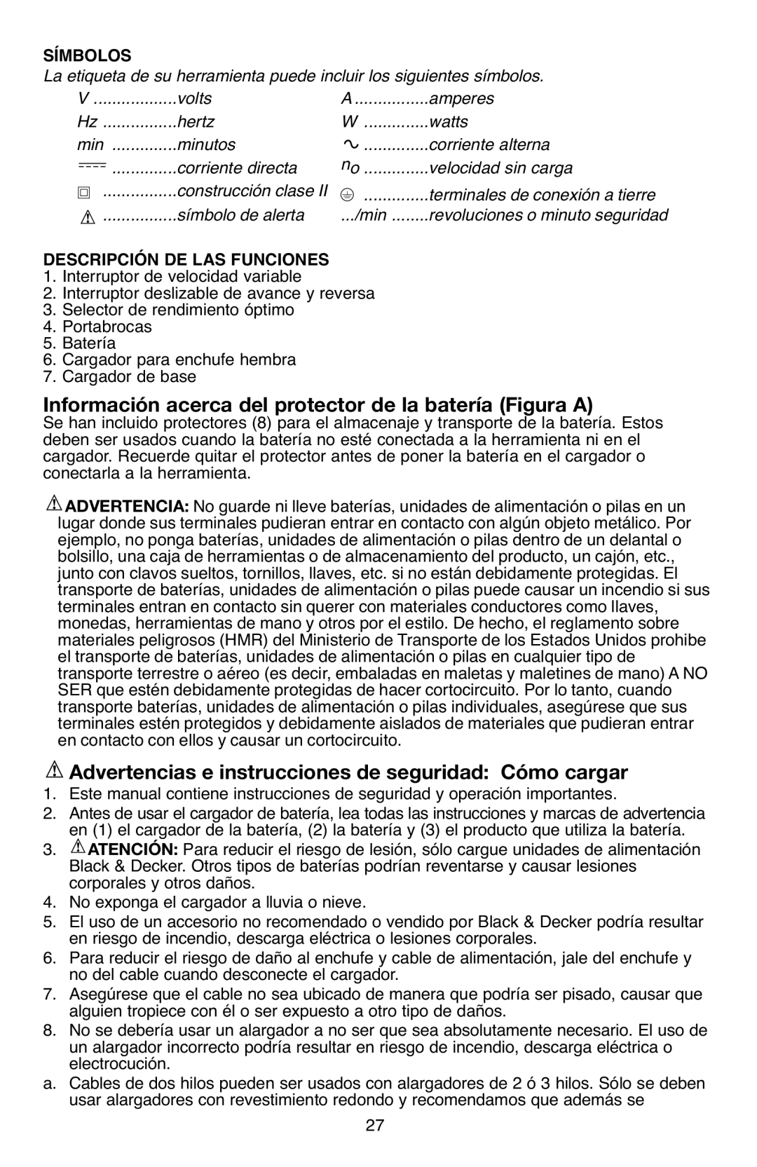 Black & Decker BD12PS Información acerca del protector de la batería Figura a, Símbolos, Descripción DE LAS Funciones 