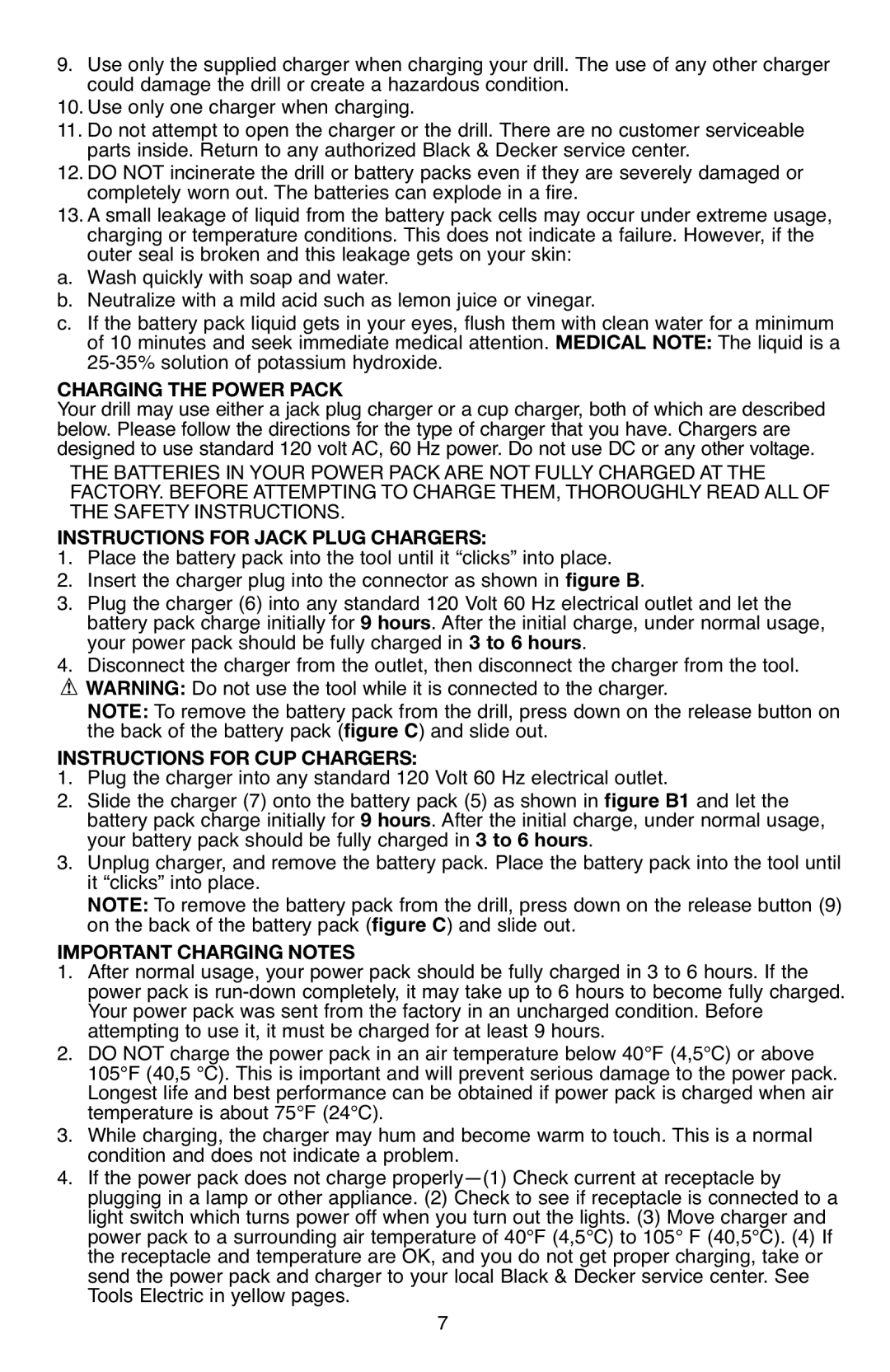 Black & Decker BD12PS Charging the Power Pack, Instructions for Jack Plug Chargers, Instructions for CUP Chargers 